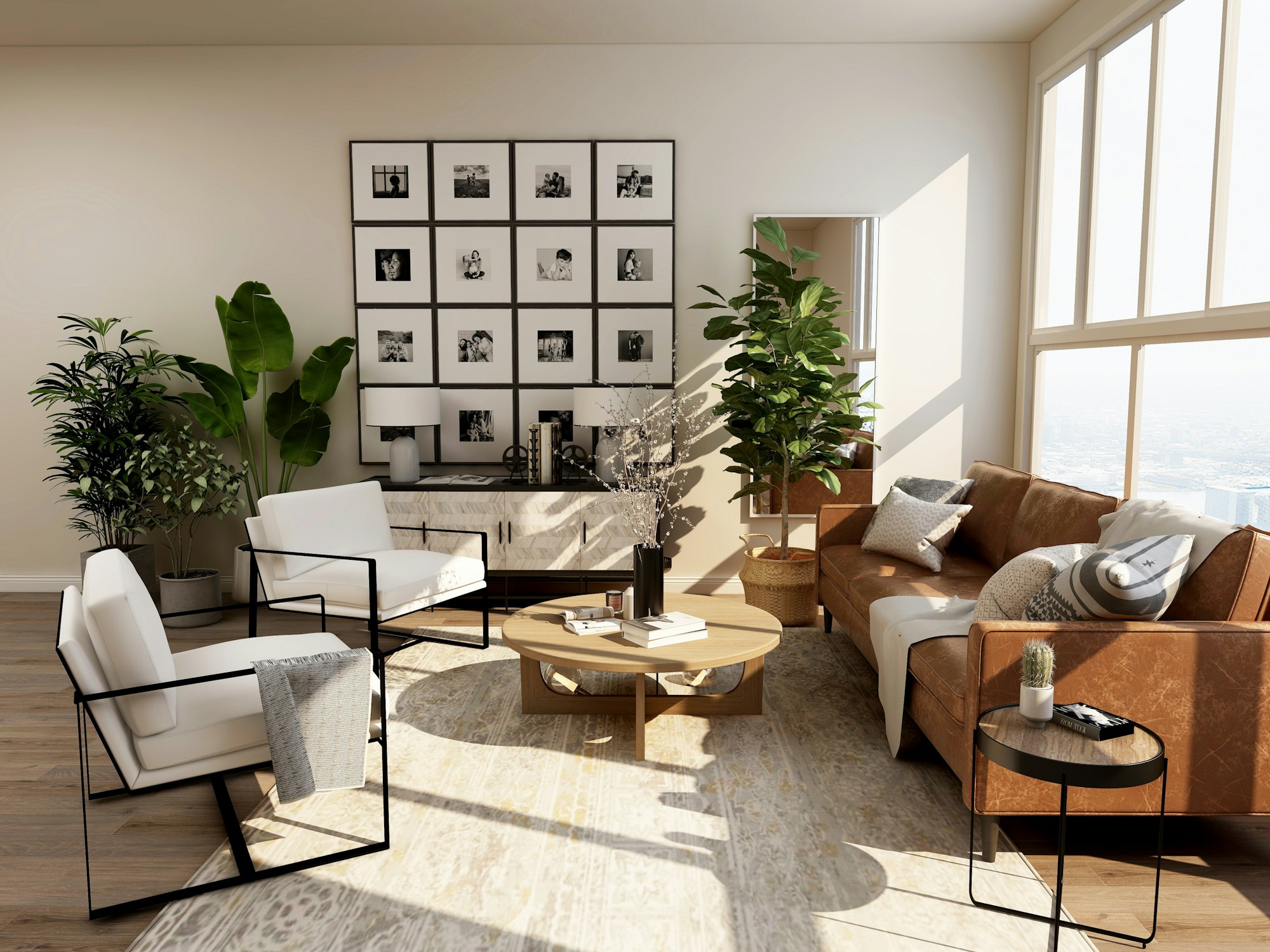Bright living room with natural wood, comfortable seating, and large windows